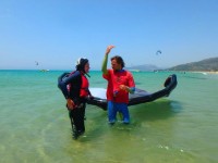 Get the kite relaunched from the water with step by step detailed exercises with Tarifa Max kitesurfing instructor in the water